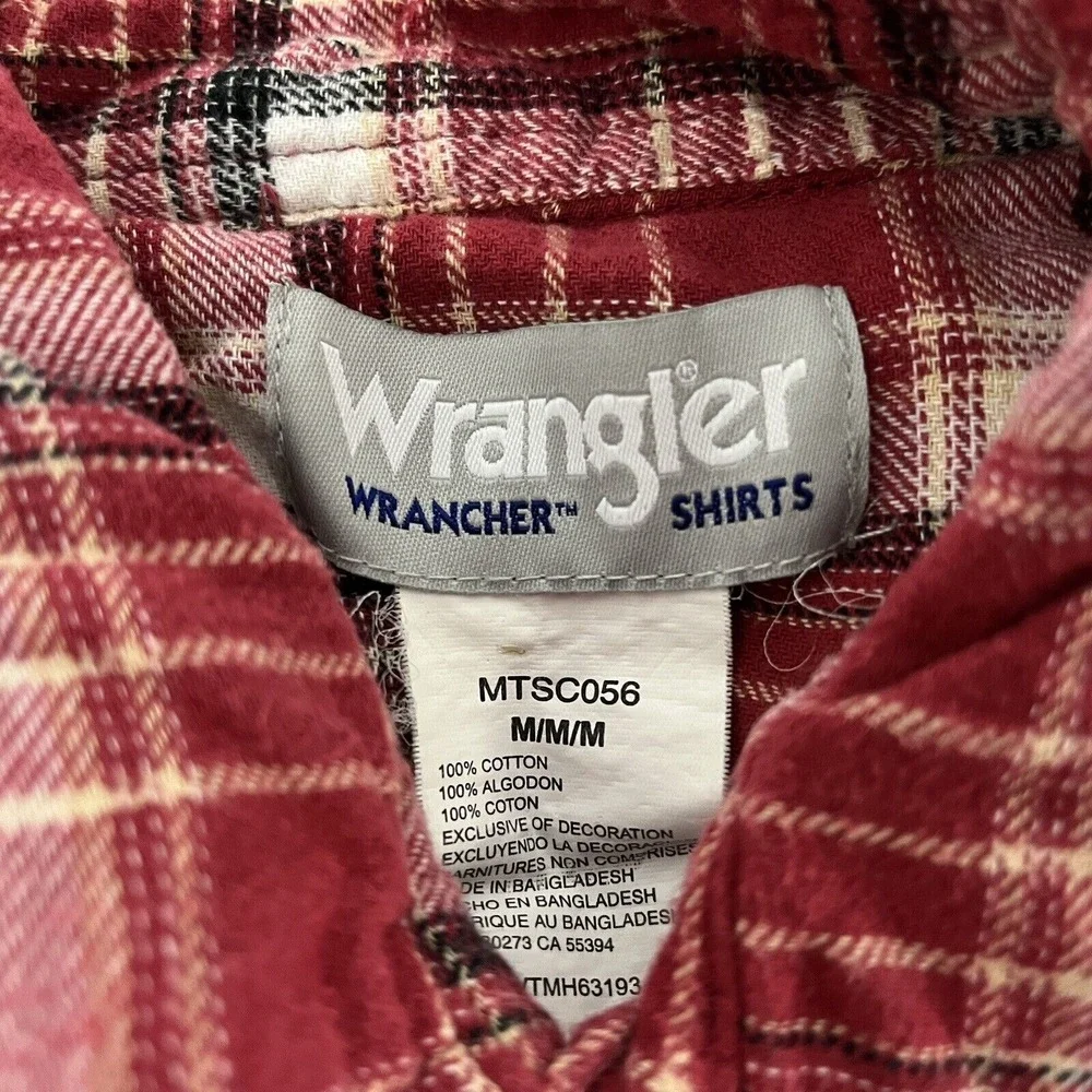WRANGLER WRANCHER WESTERN FLANNEL SHIRT Pearl Snaps Plaid Cowboy Rodeo Medium